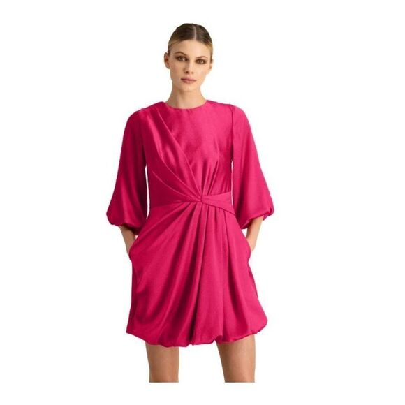Ml Monique Lhuillier Womens Satin mini Dress Sz 10 Fuchsia Pink 3/4 Sleeve NWT - Picture 1 of 7